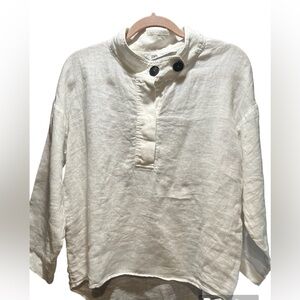 Zara white linen oversize top with buttoned high neck, XS.